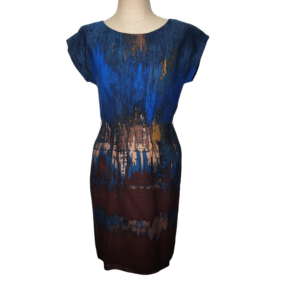 Peruvian Connection Mirage‎ Sheath Dress 8 Silk Blue Brown Abstract Cap Sleeve